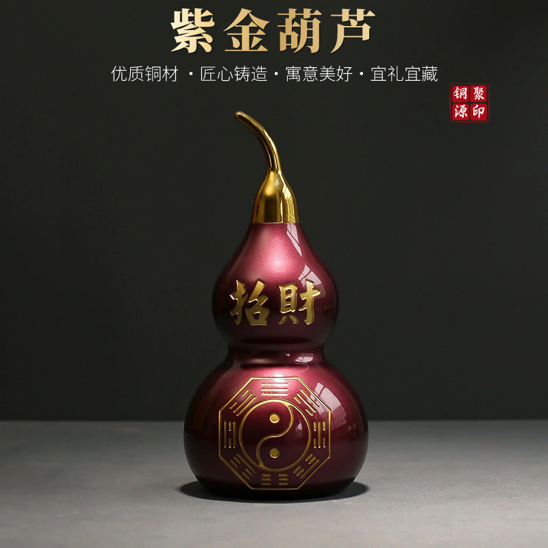 Feng Shui Ornament - Full Copper Purple Gold Bagua Gourd - Gold/Fire/Wood