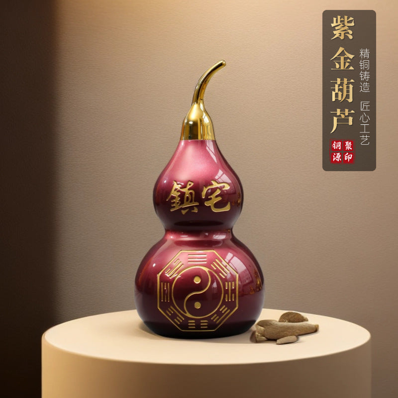 Feng Shui Ornament - Full Copper Purple Gold Bagua Gourd - Gold/Fire/Wood